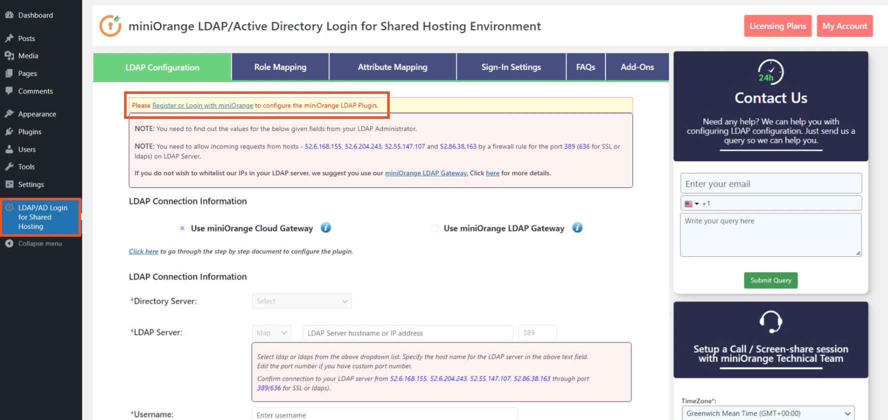 WordPress miniOrange LDAP/AD login for shared hosting environment use miniorange cloud gateway