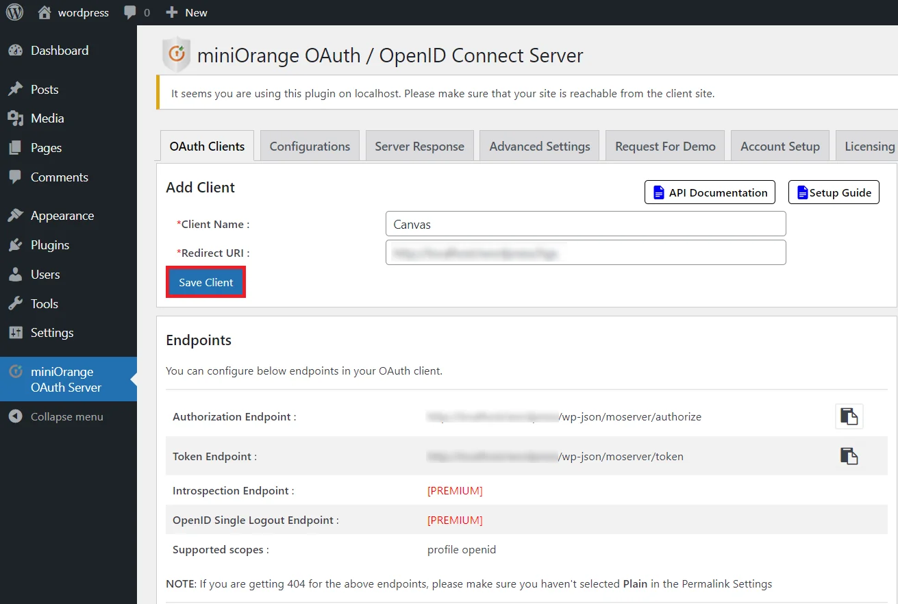 OAuth server Single Sign-On(SSO)WordPress- Canvas Redirect URI 