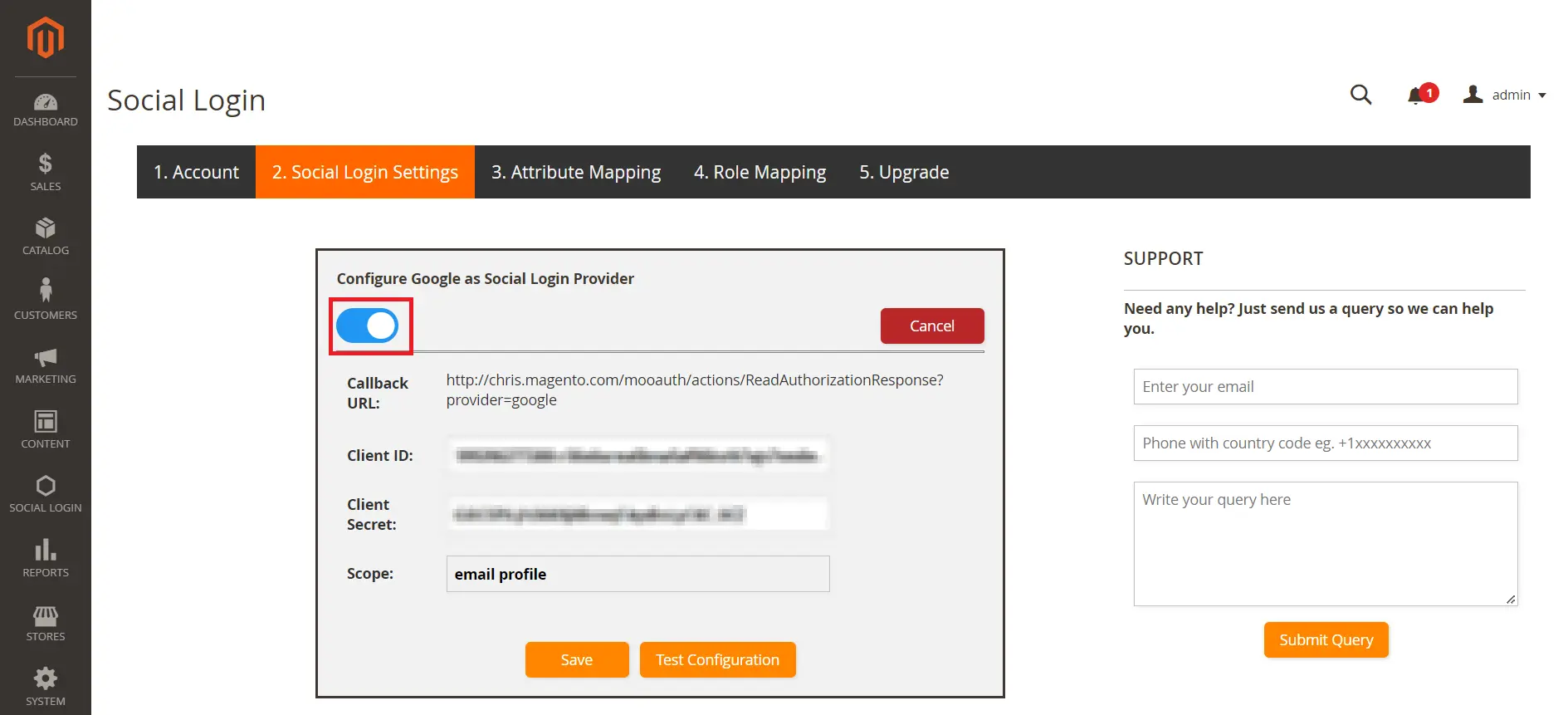 Magento social login enable toggle button