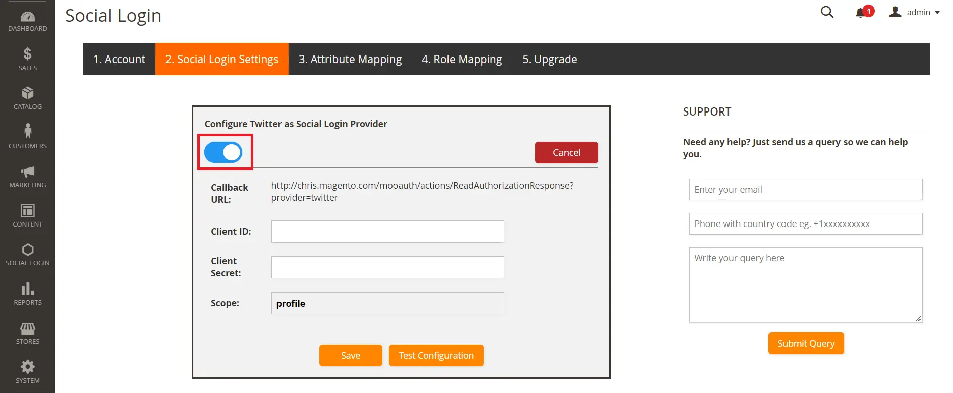 Magento Twitter login enable toggle button