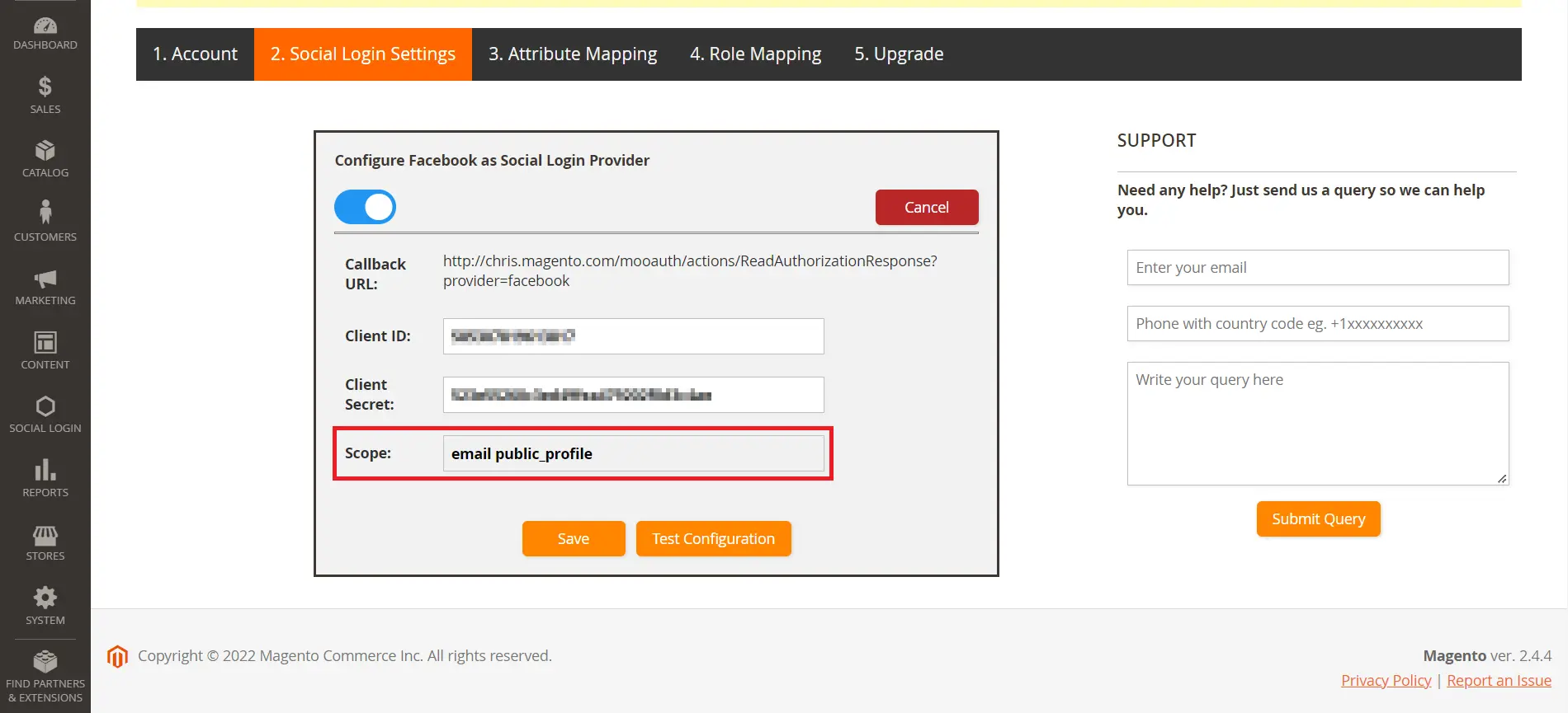 Scope for magento 2 login with facebook