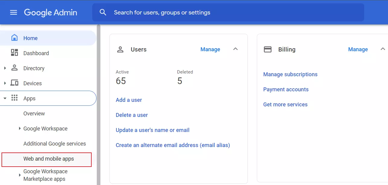 Google Apps User Provisioning and Sync - click on Apps and select Web and mobile apps