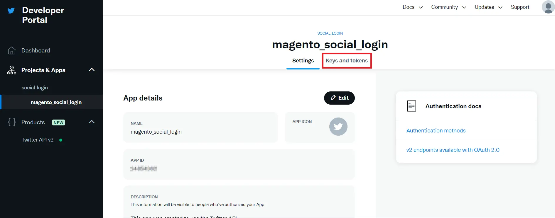 magento 2 twitter signin keys and tokens