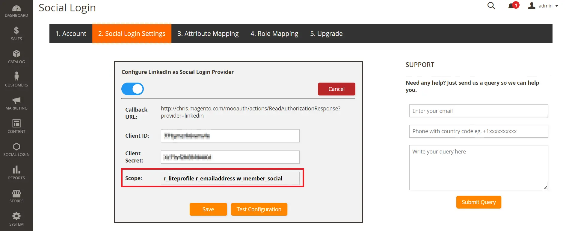 Scope for LinkedIn sign in into magento