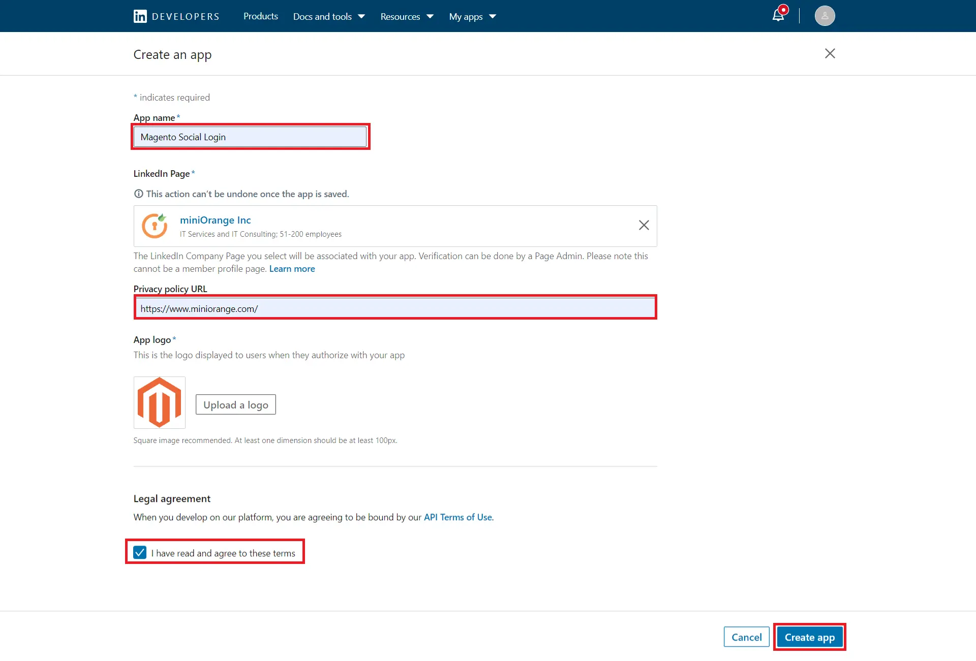 LinkedIn magento sign in API Terms of Use login with linkedin