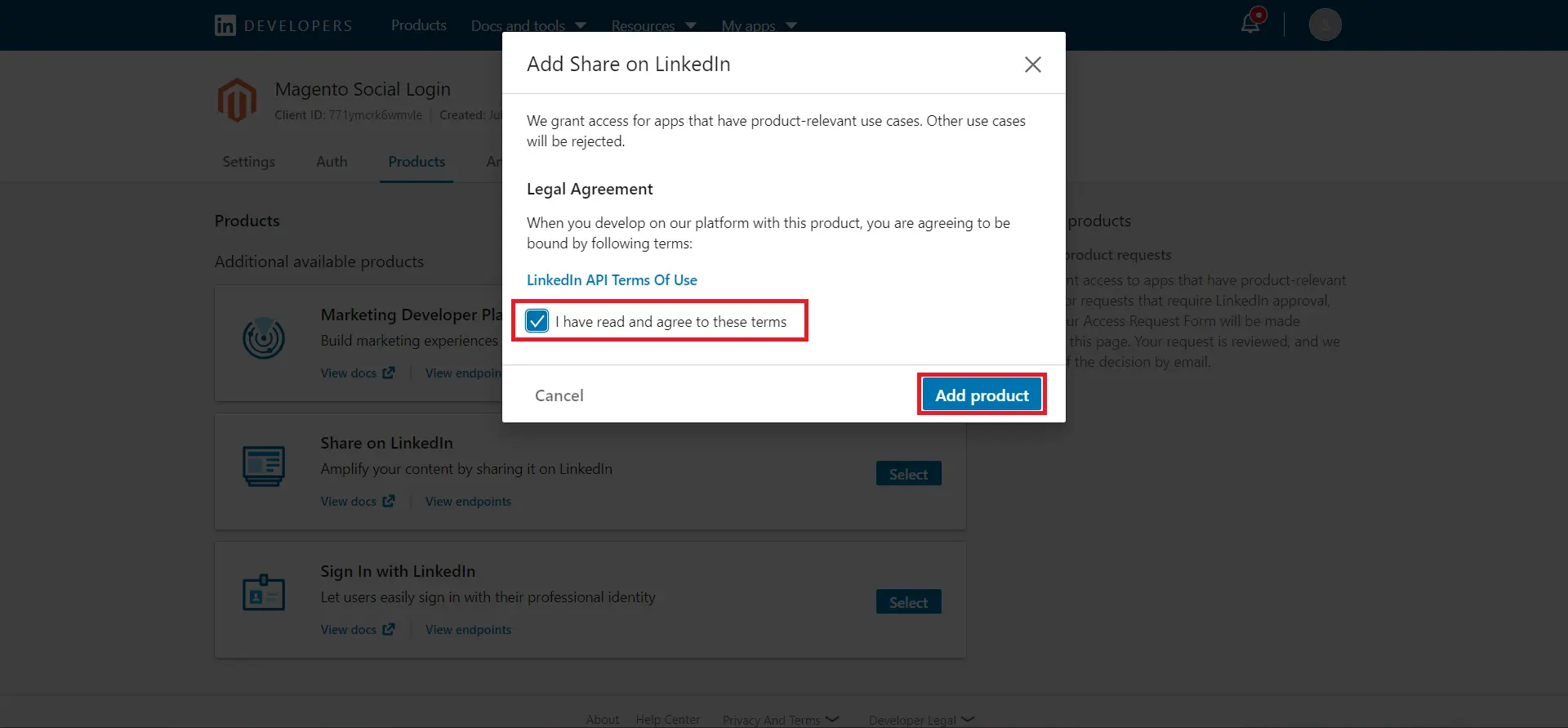 Magento LinkedIn login Product share Scope premission