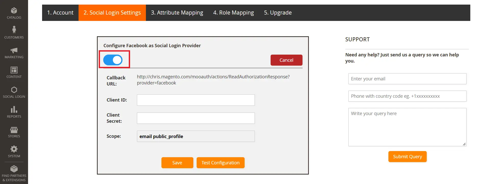 Magento social login enable toggle button