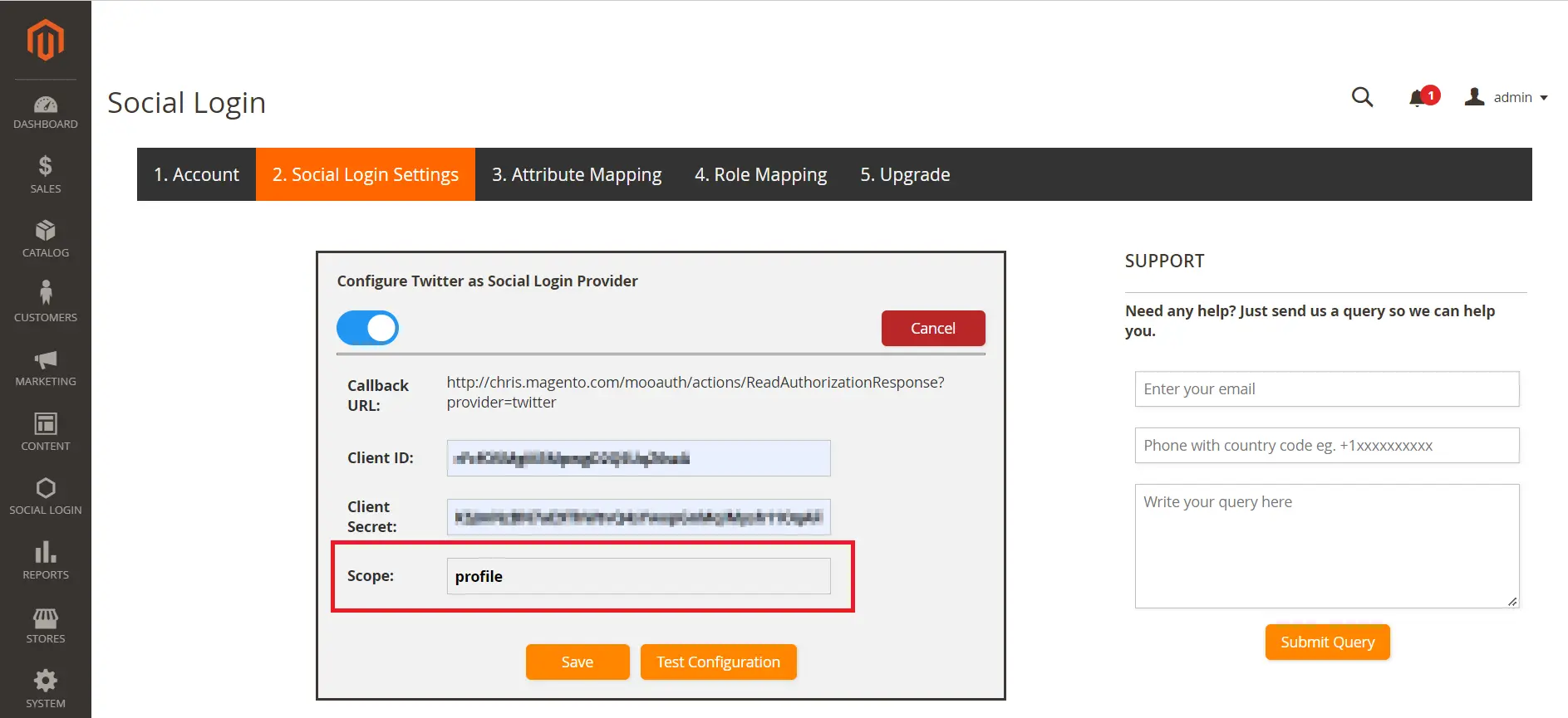 Scope for Twitter sign in into magento