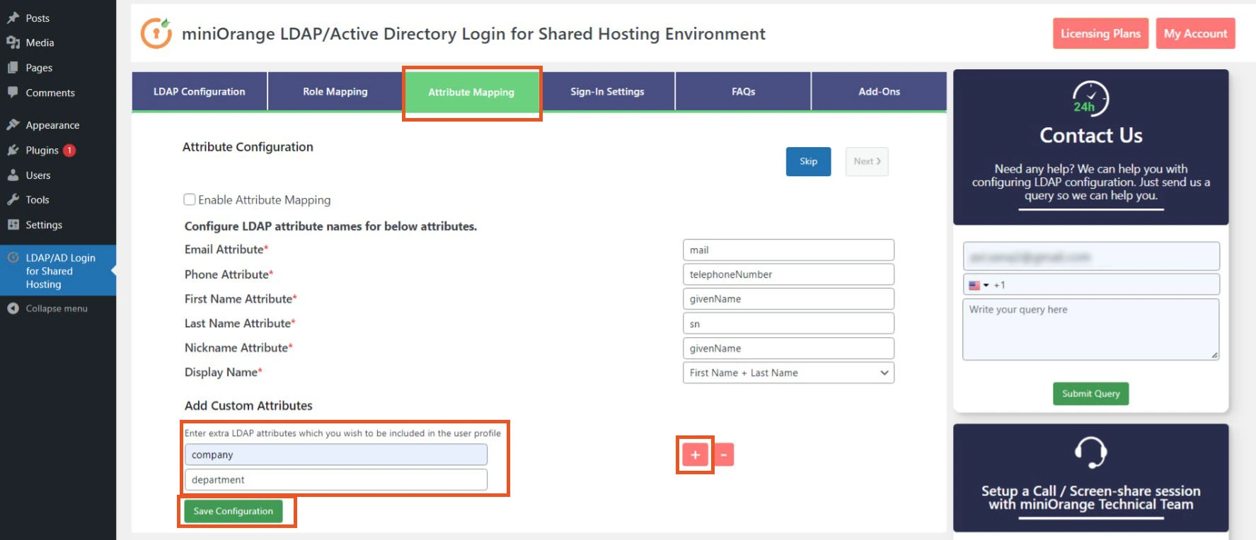 WordPress miniOrange LDAP/AD login for shared hosting environment attribute mapping configuration