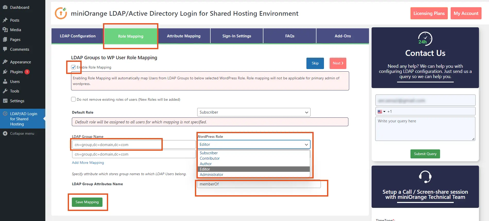 WordPress miniOrange LDAP/AD login for shared hosting environment role mapping configuration