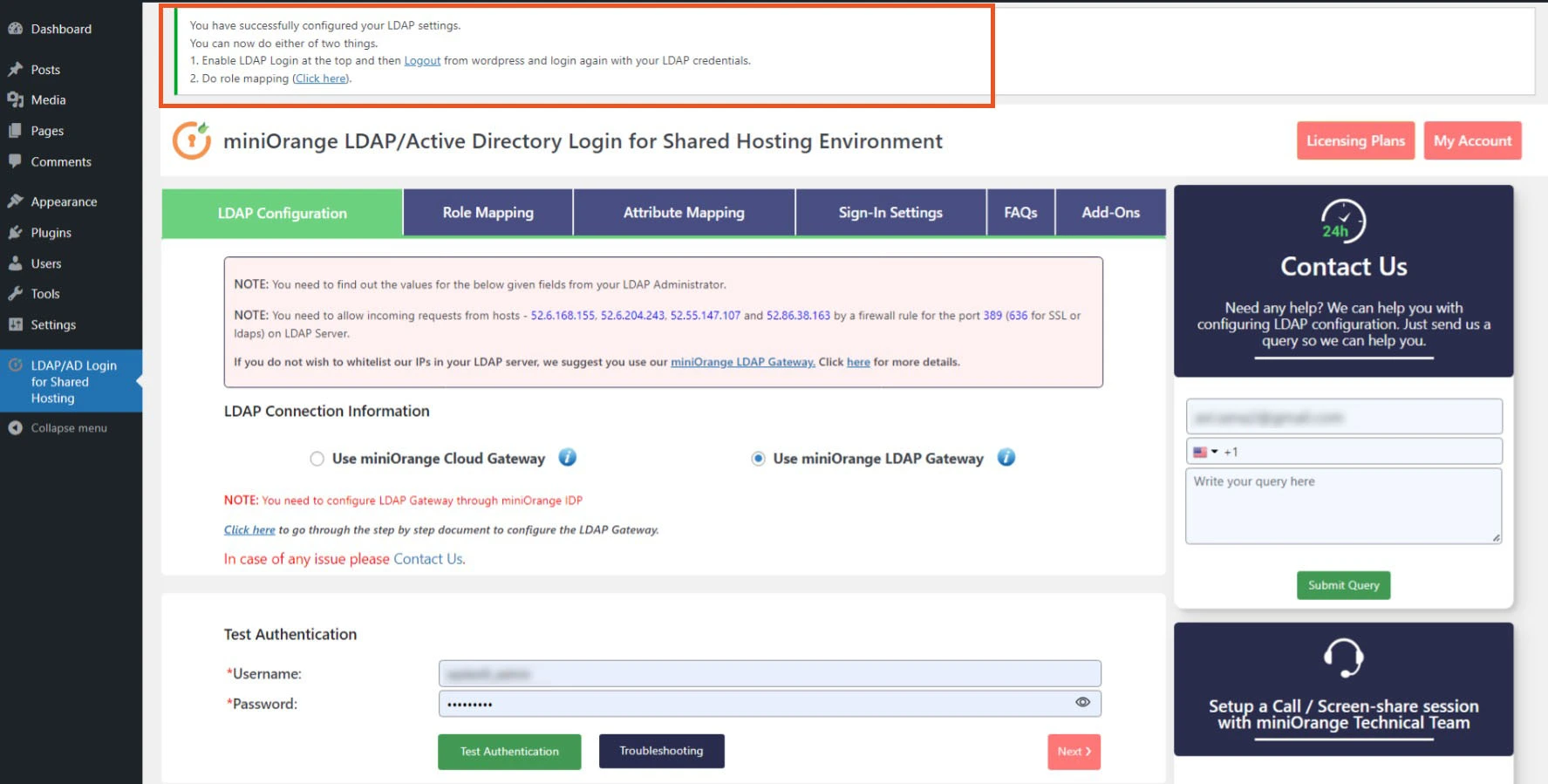 WordPress miniOrange LDAP/AD login for shared hosting environment miniOrange LDAP gateway authentication successful