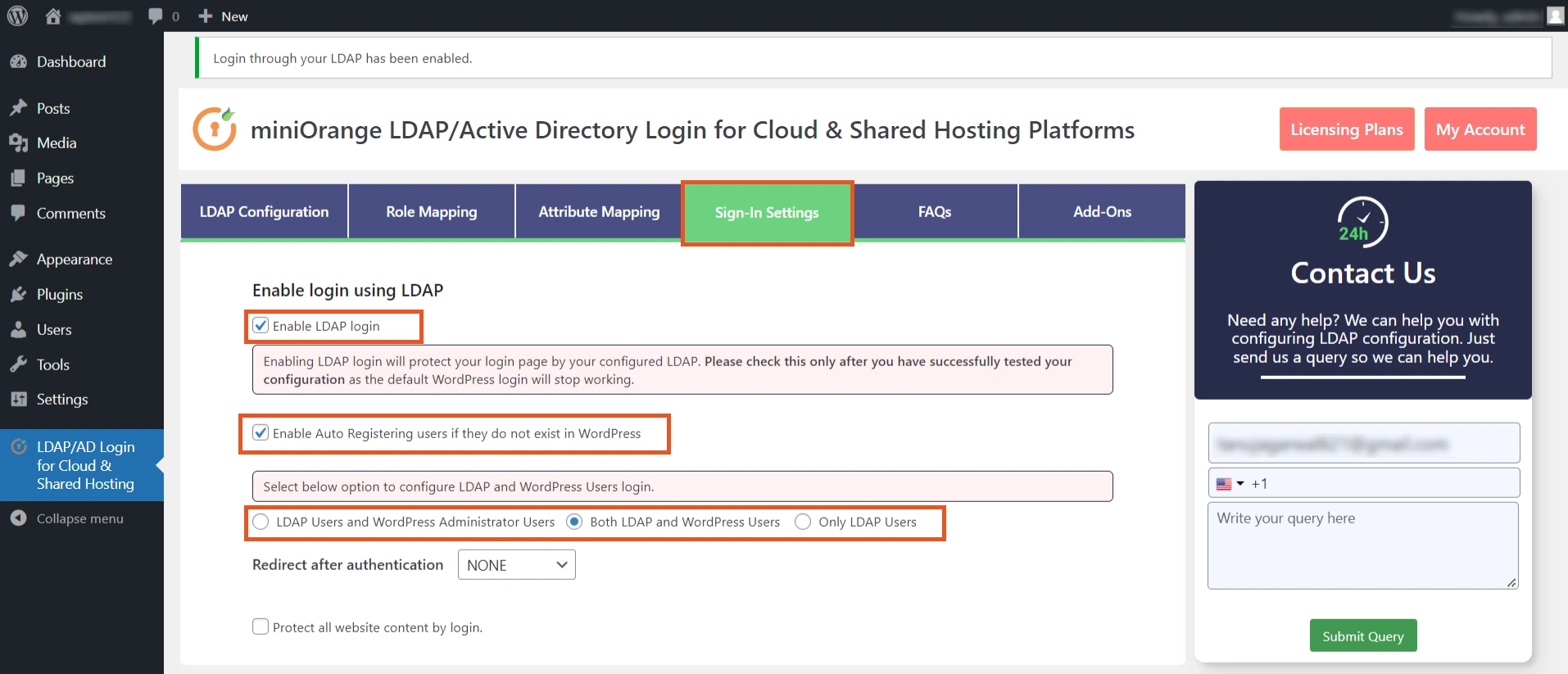 miniOrange LDAP Cloud active directory LDAP integration for shared hosting environment plugin sign in settings