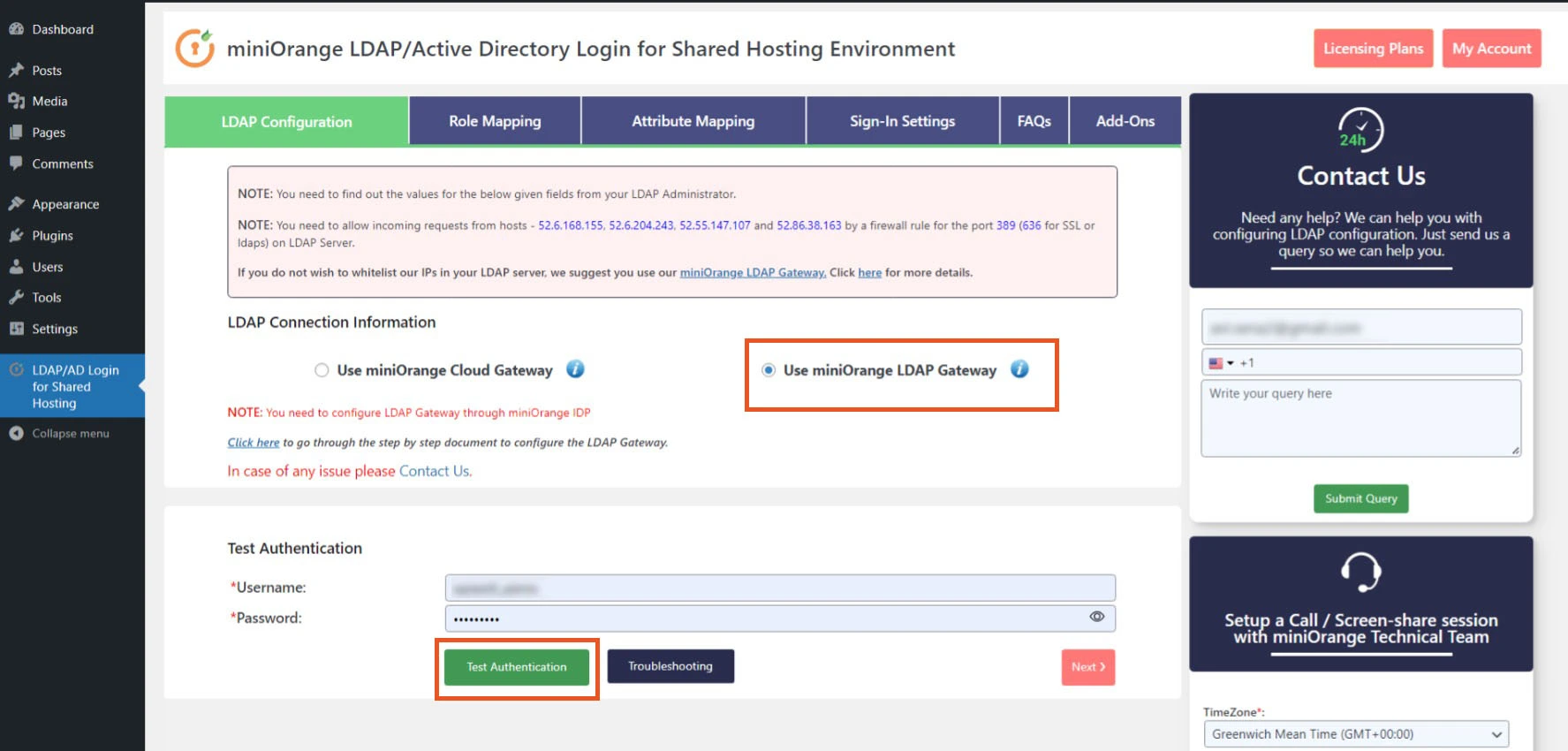 WordPress miniOrange LDAP/AD login for shared hosting environment miniOrange LDAP gateway authentication