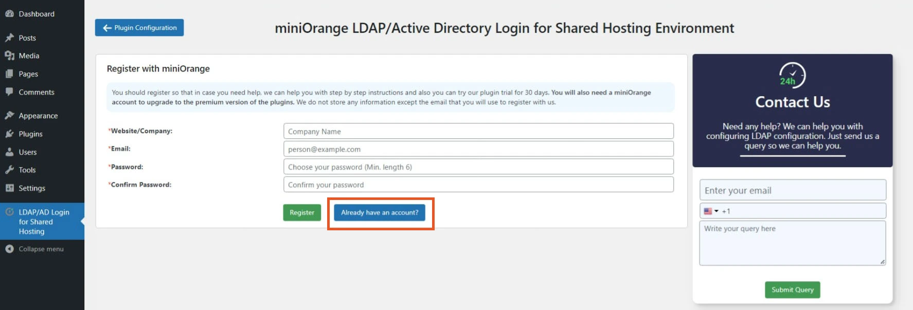 WordPress miniOrange LDAP/AD login for shared hosting environment use miniorange cloud gateway user registration