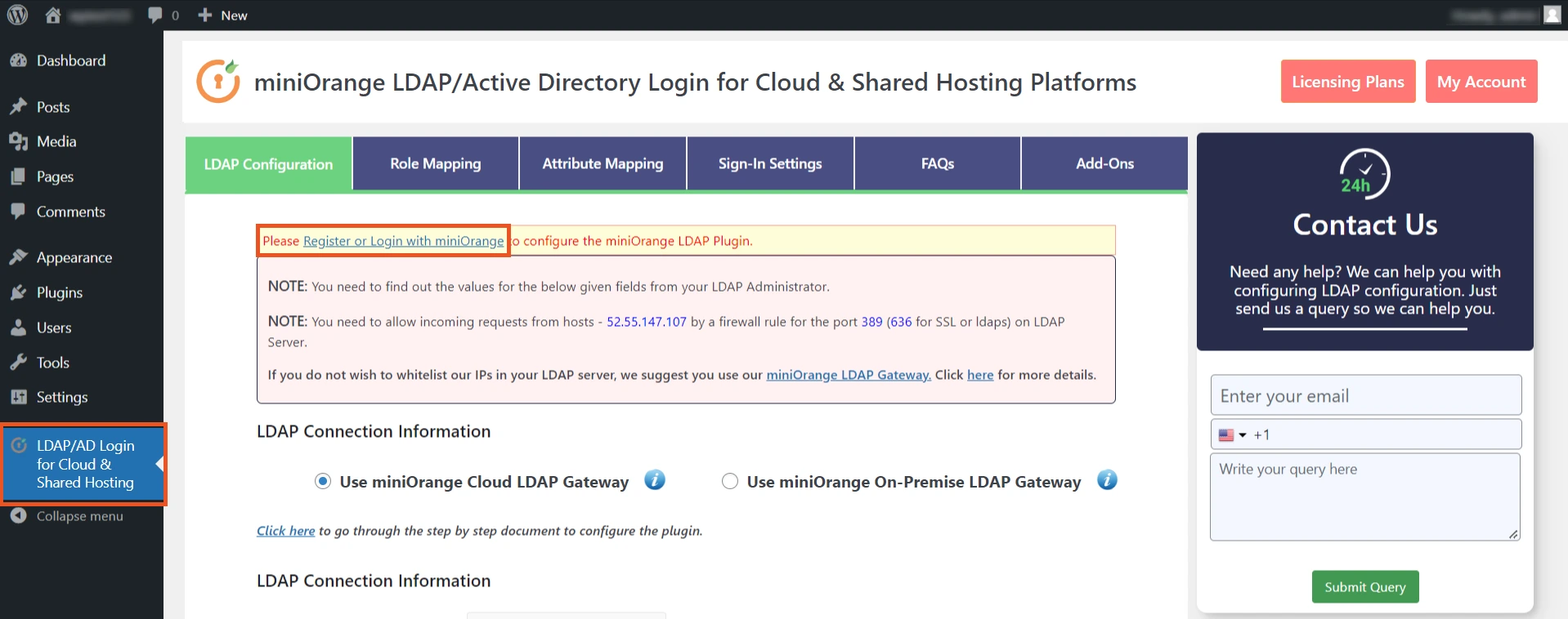 miniOrange register or login for LDAP Cloud active directory/LDAP integration for shared hosting environment plugin to configure