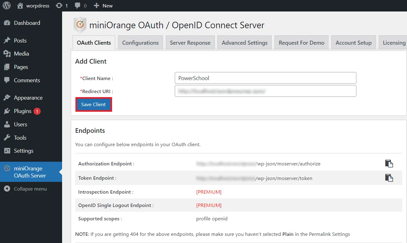 OAuth server Single Sign-On (SSO) WordPress - PowerSchool SIS Redirect URI 