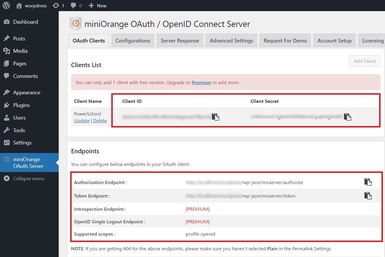 OAuth server Single Sign-On (SSO) WordPress - PowerSchool SIS configuration 