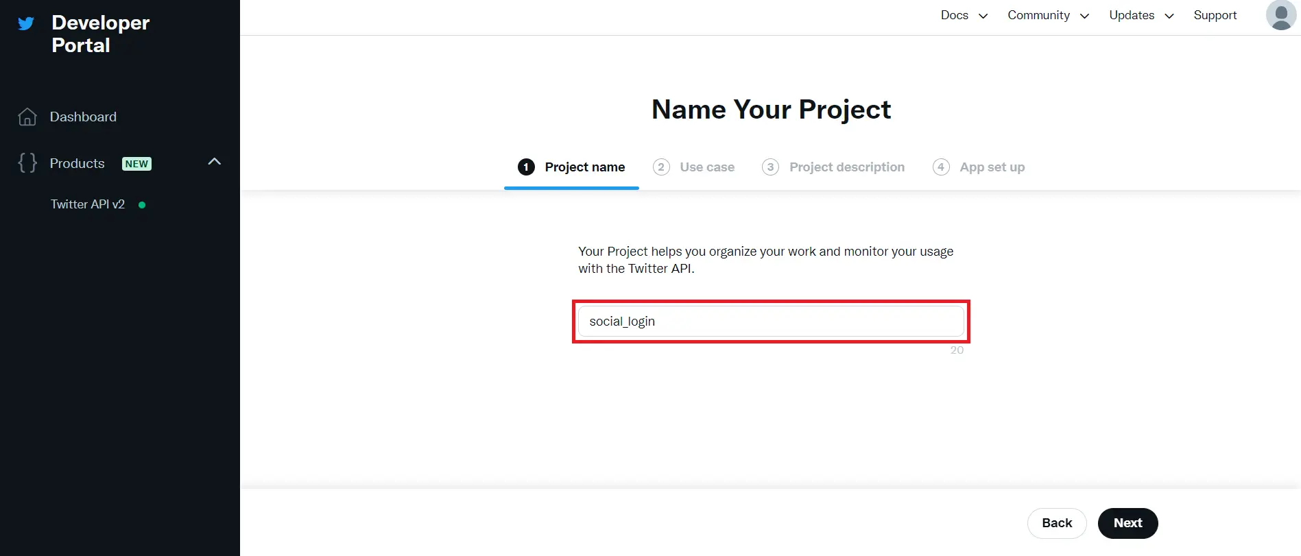 TYPO3 Twitter login enter project name | TYPO3 Twitter login