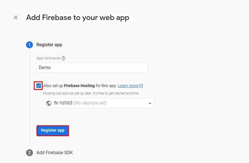 wordPress Firebase with 2FA - enter app nickname and register app