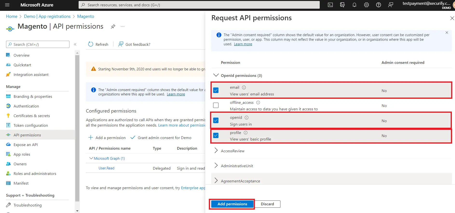 Magento SSO Azure AD Single Sign-on (SSO) enable API Permission