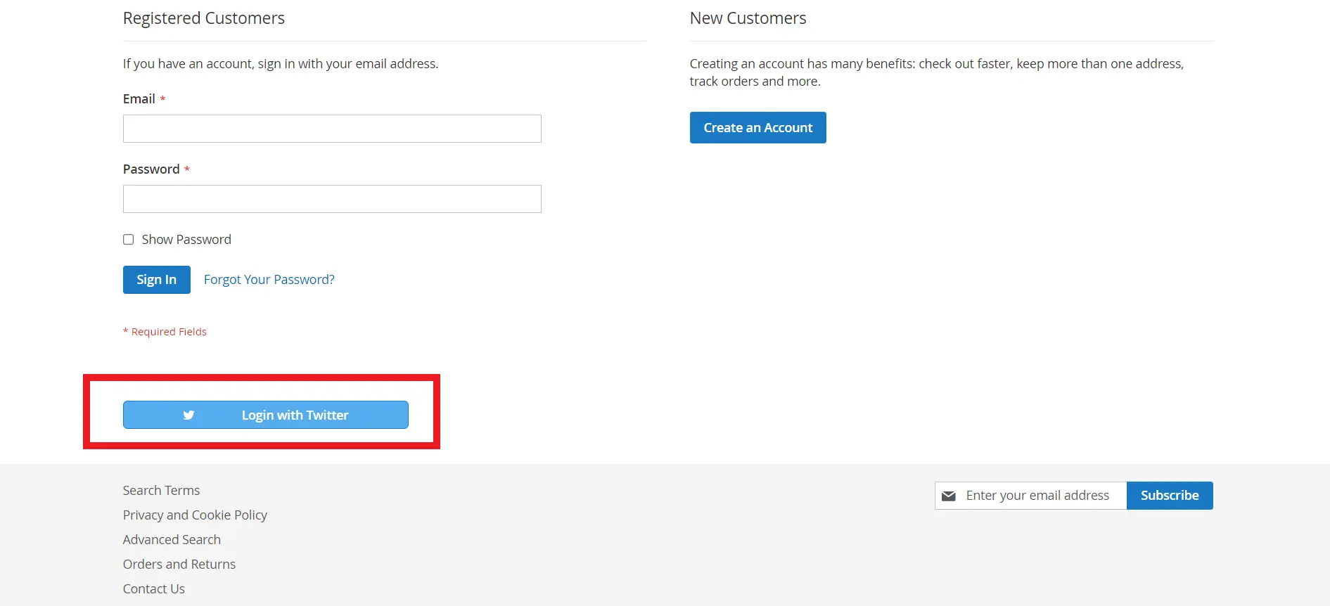 Twitter social login button on Magento customer login page