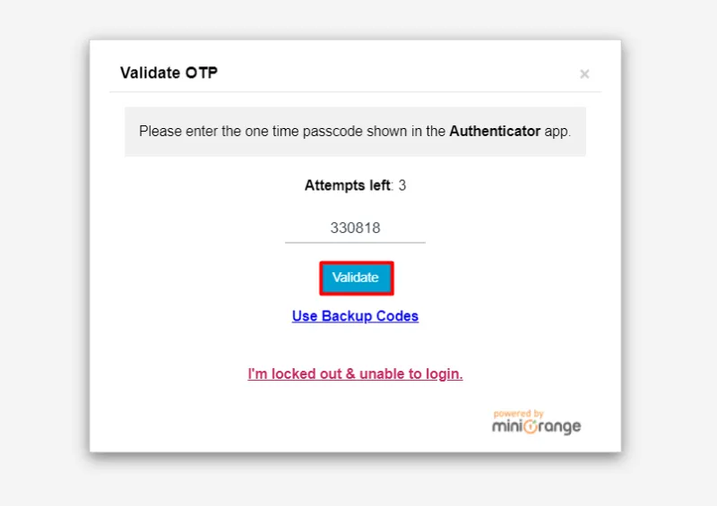 WooCommerce Two Factor Authentication - Enter otp and click validate button