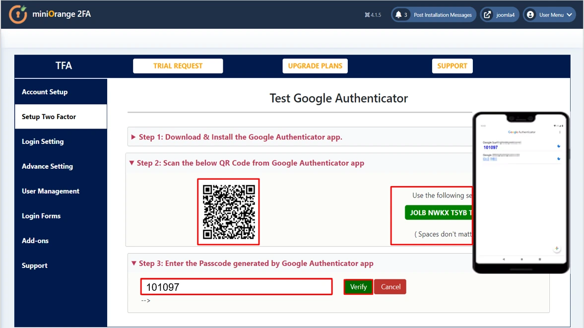 Joomla 2 Factor authentication (2FA) (MFA) with Google Authenticator, 