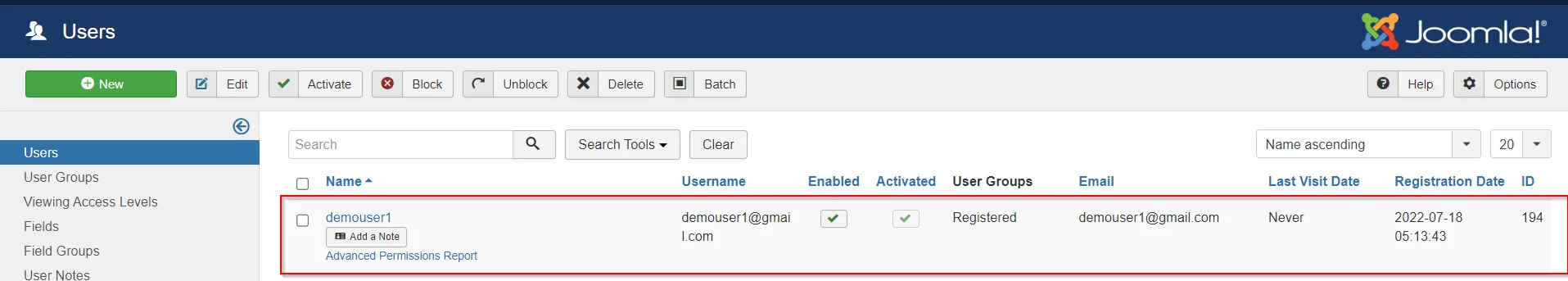 Drupal User Provisioning and Sync - you can check and verify the user has been created in joomla scim server application