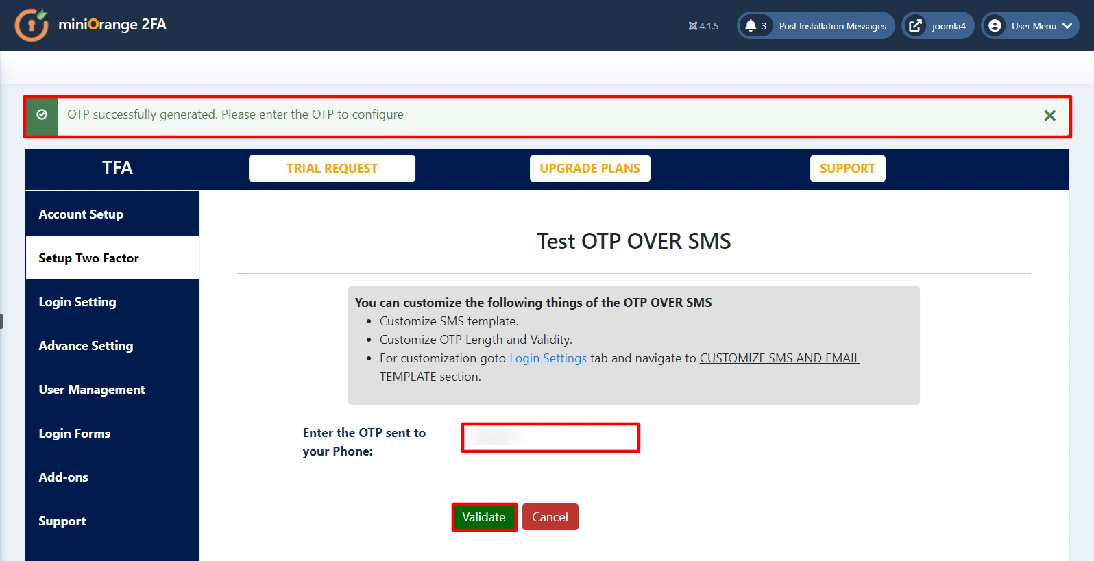 Joomla 2 Factor authentication (2FA) (MFA) with OTP over SMS , 
