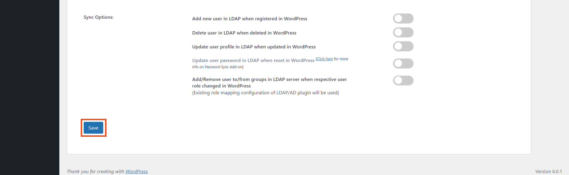 Directory Sync configure sync options for WordPress to LDAP