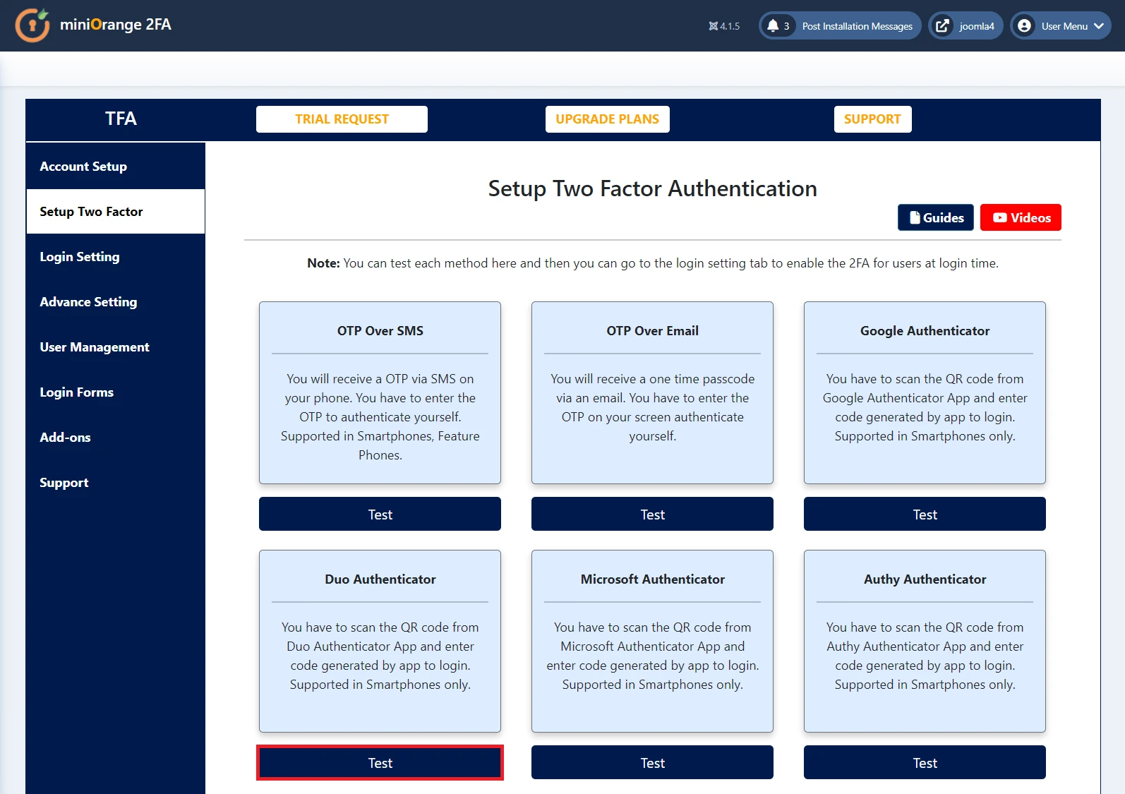 Joomla 2 Factor authentication (2FA) (MFA) with Duo Authenticator, 