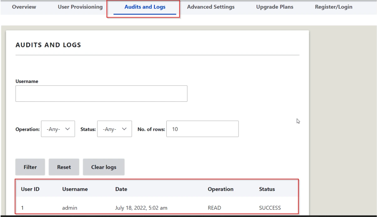 Drupal user provisioning and Sync - navigate to audits and logs tab