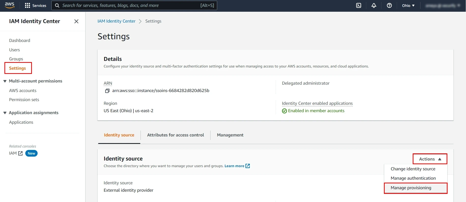 AWS user provisioning - Navigate to Settings and select manage provisioning