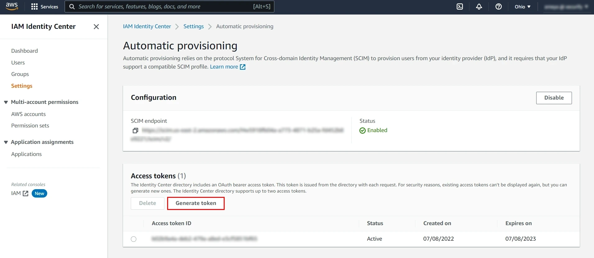 AWS user provisioning - Click on Generate token to get the access token