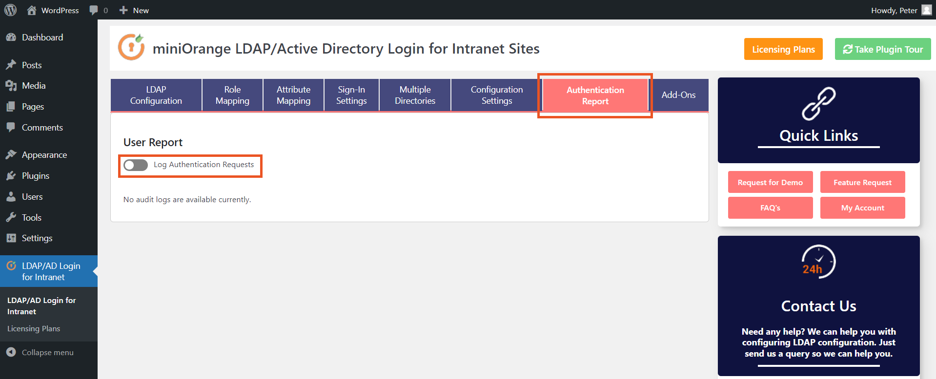 miniOrange Active Directory Integration LDAP Integration LDAP Authentication Reports Tab