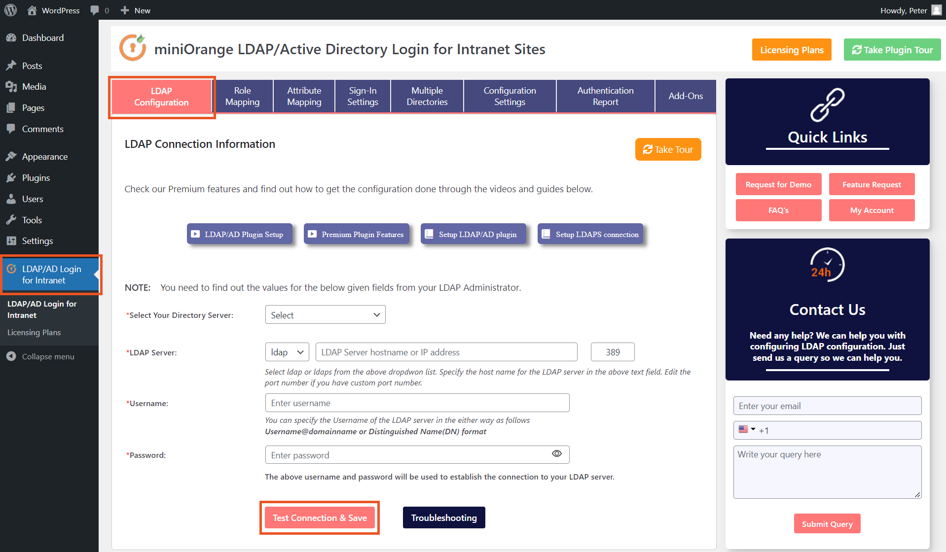 WordPress miniOrange Active Directory Integration LDAP Integration LDAP Connection Information Tab