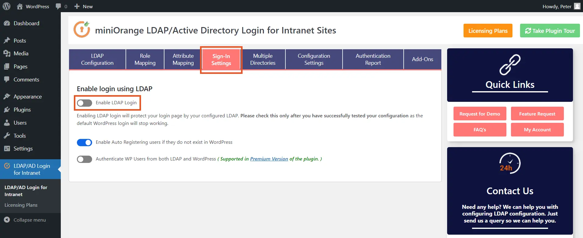 miniOrange Active Directory Integration LDAP Integration LDAP Sign In Settings Tab