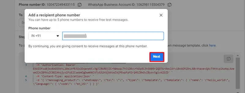 Whatsapp login - Enter recipient phone number and click next