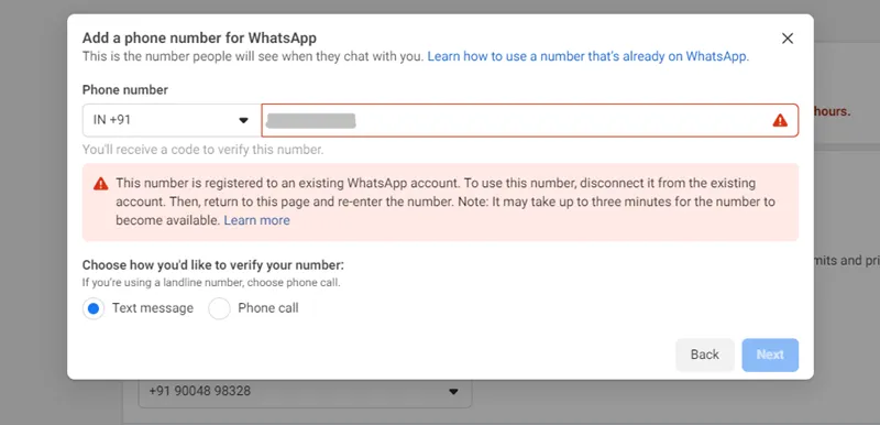Whatsapp login - Enter number and show error message