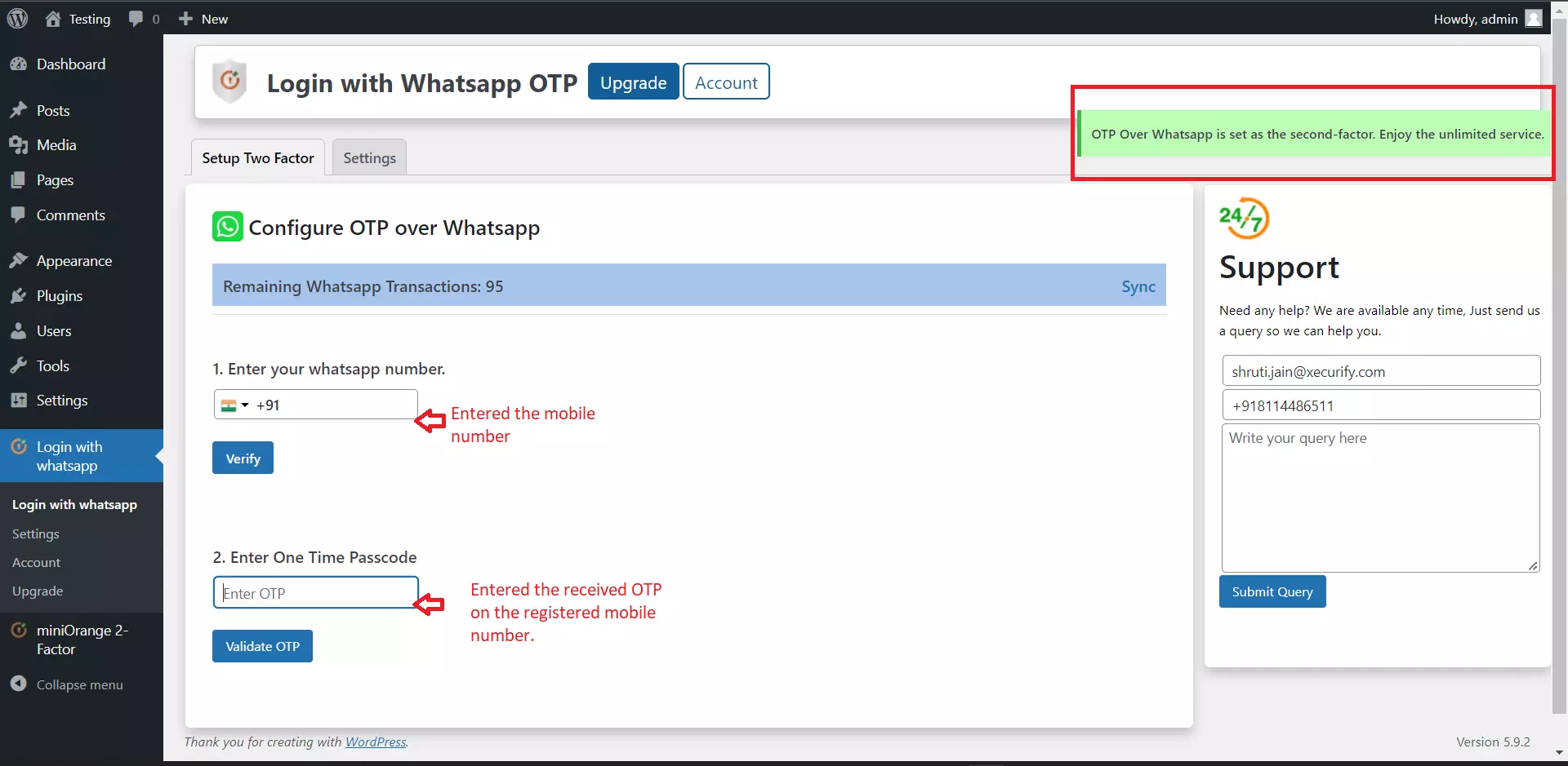 WordPress Login with WhatsApp as a 2FA- Successfully entering the OTP