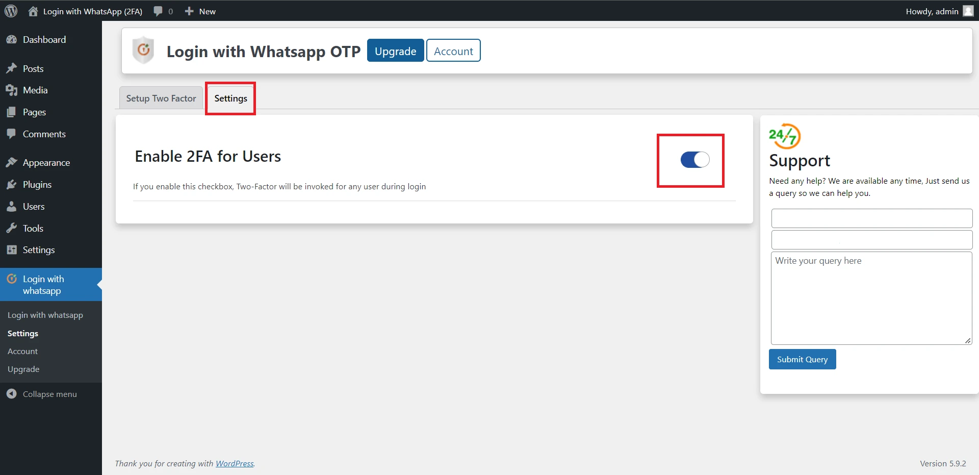WordPress Login with WhatsApp - Enable 2FA for user