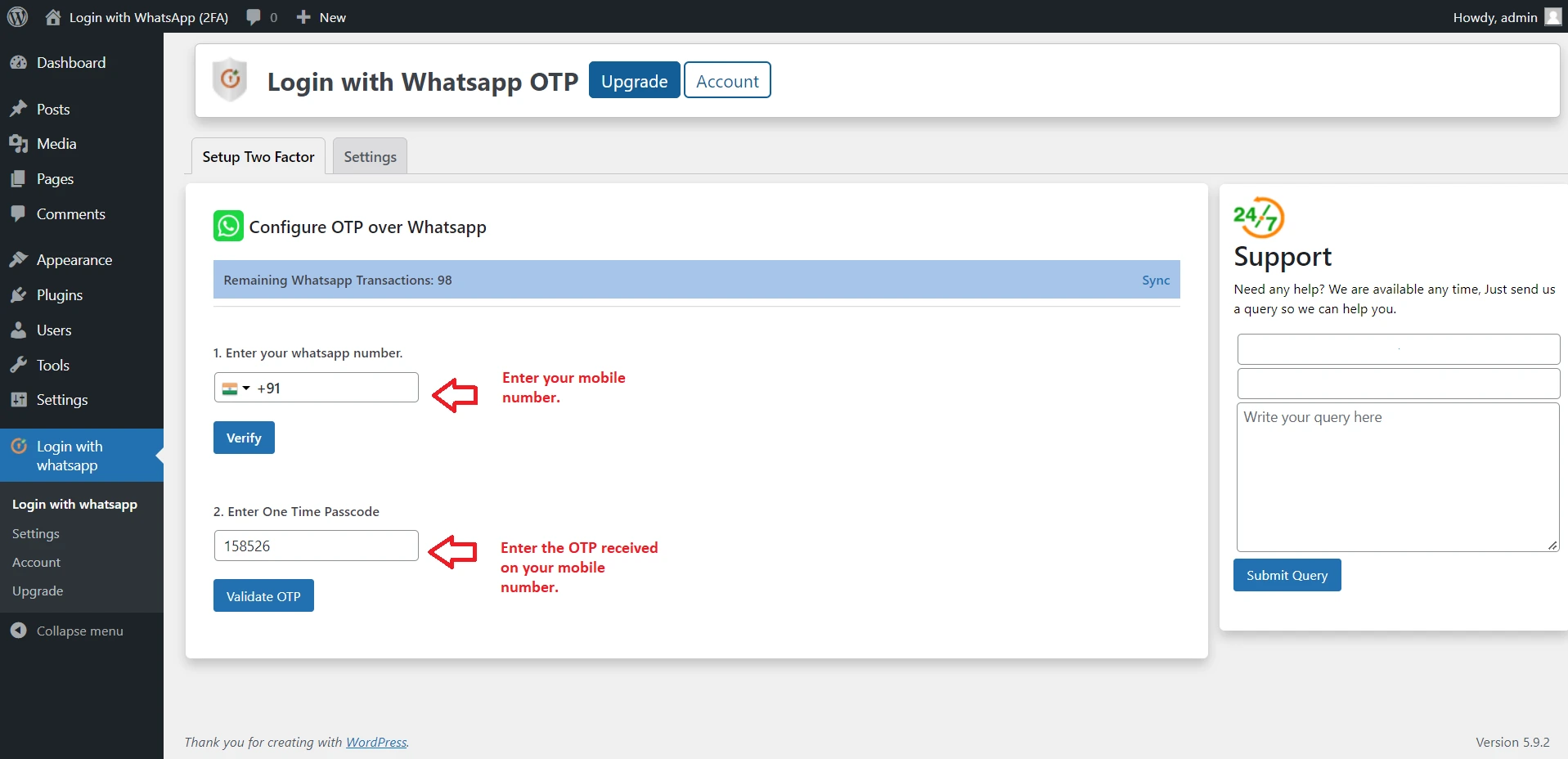 WordPress Login with WhatsApp - Click Configure Button of OTP Over WhatsApp