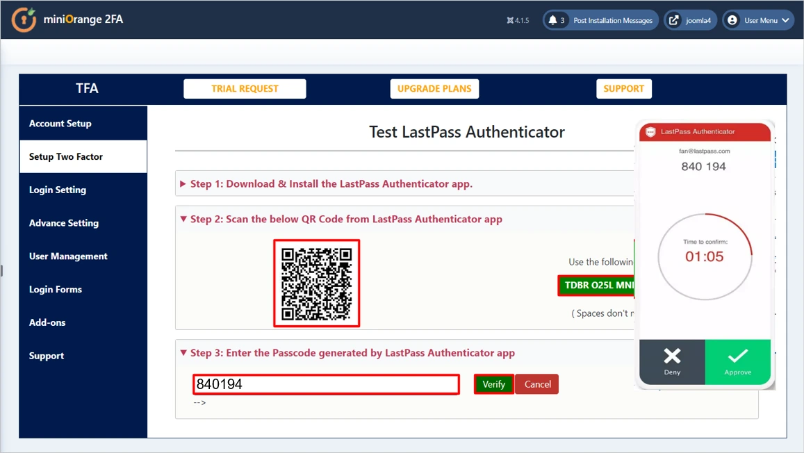 Joomla 2 Factor authentication (2FA) (MFA) with LastPass Authenticator, 