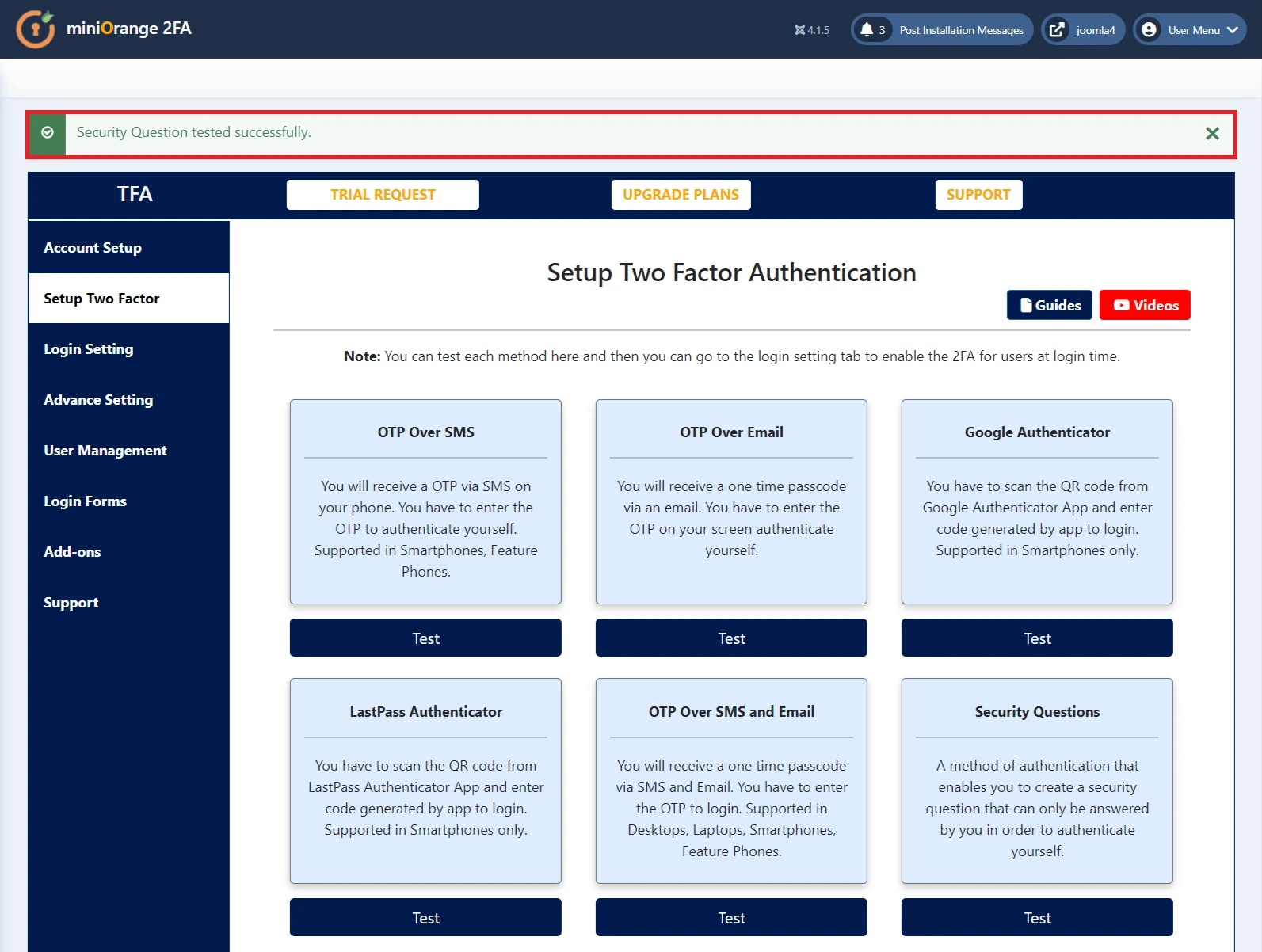 Joomla 2 Factor authentication (2FA) (MFA) with Security Questions (knowledge_based_authentication KBA method), 