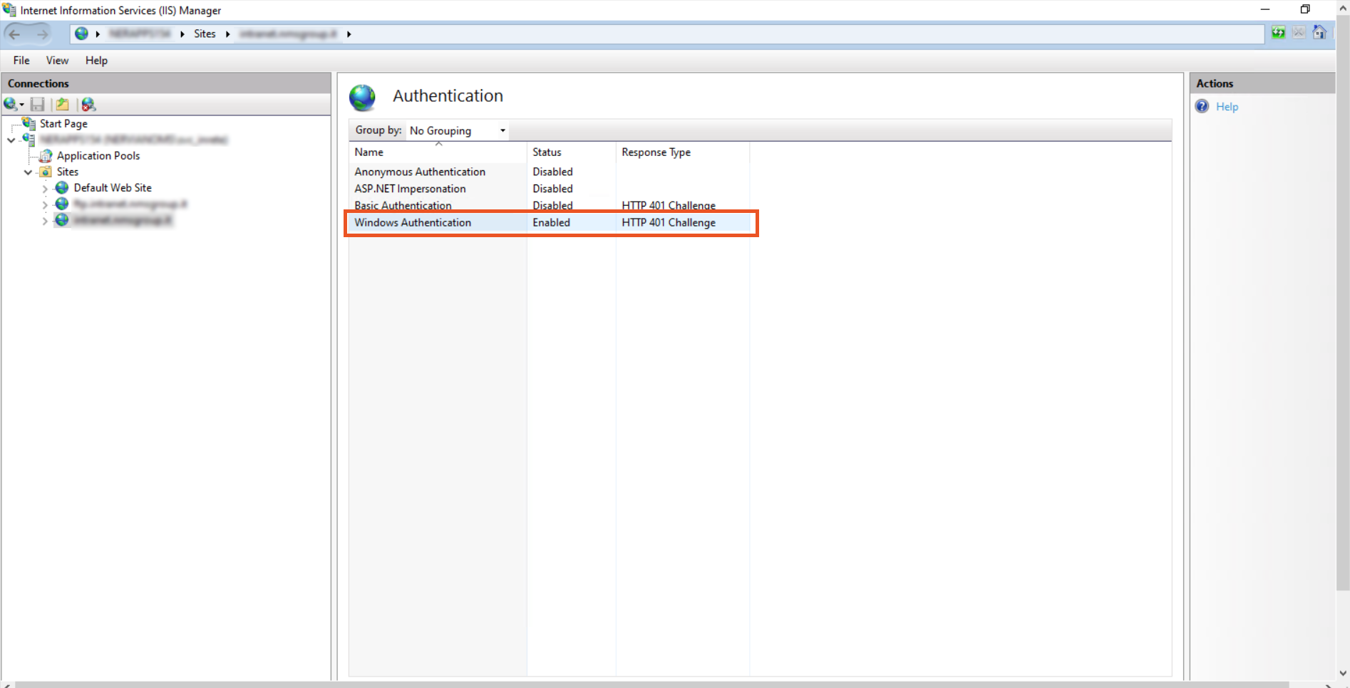 Enable Windows Authentication from Windows IIS manager for Kerberos SSO on the configured application