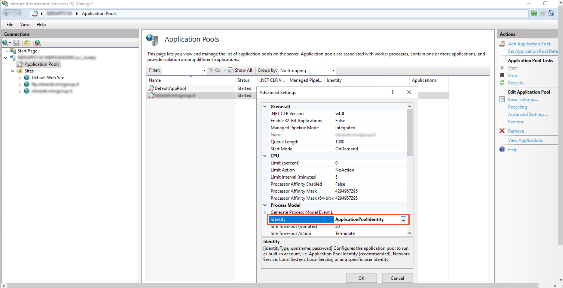 Configure identity from Windows IIS manager application pool advanced settings to enable Kerberos SSO