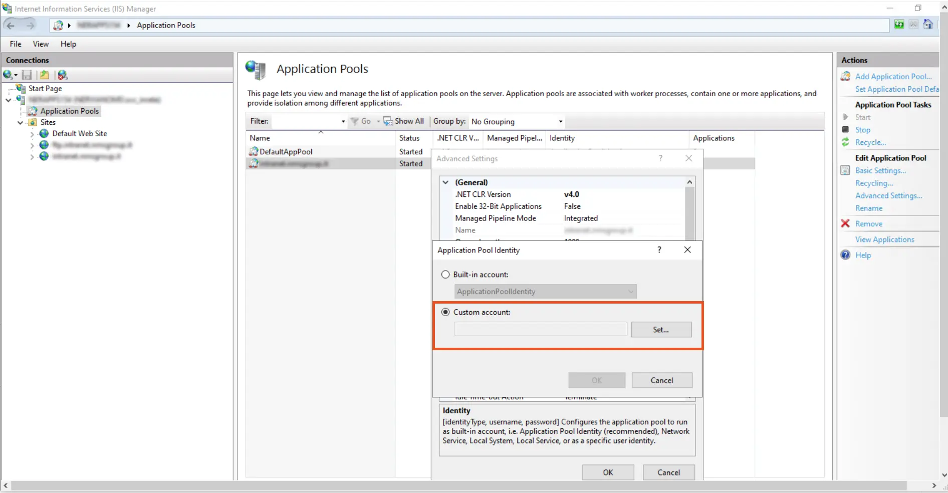 Kerberos SSO on Windows configure custom account from IIS manager application pool identity settings