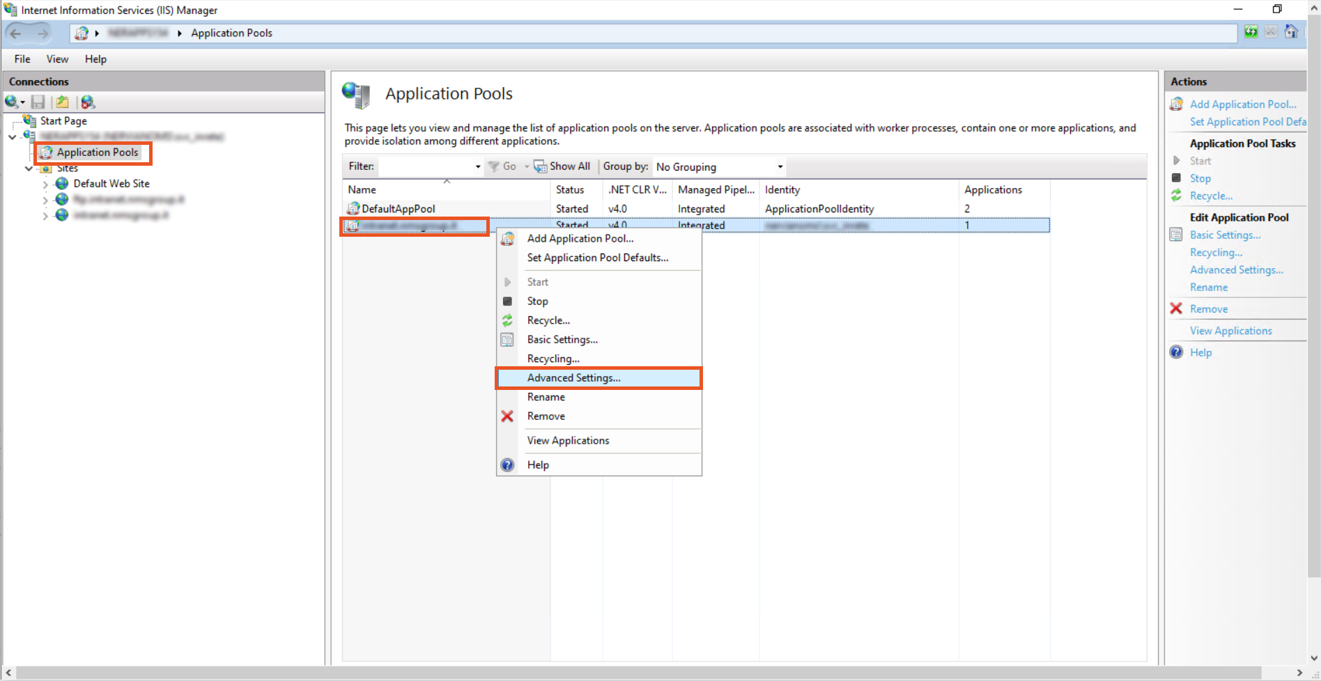Windows Internet Information Service (IIS) manager application pool site advanced settings to enable Kerberos SSO