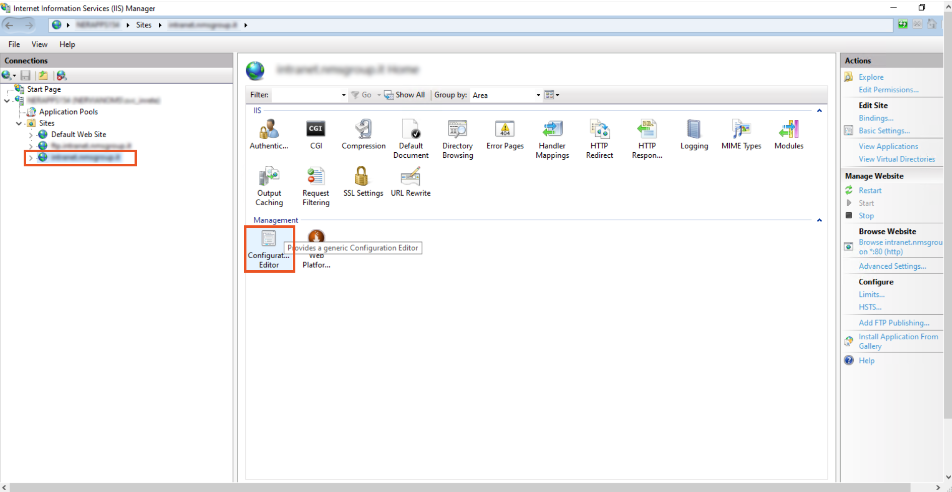 internet information service IIS manager configuration editor