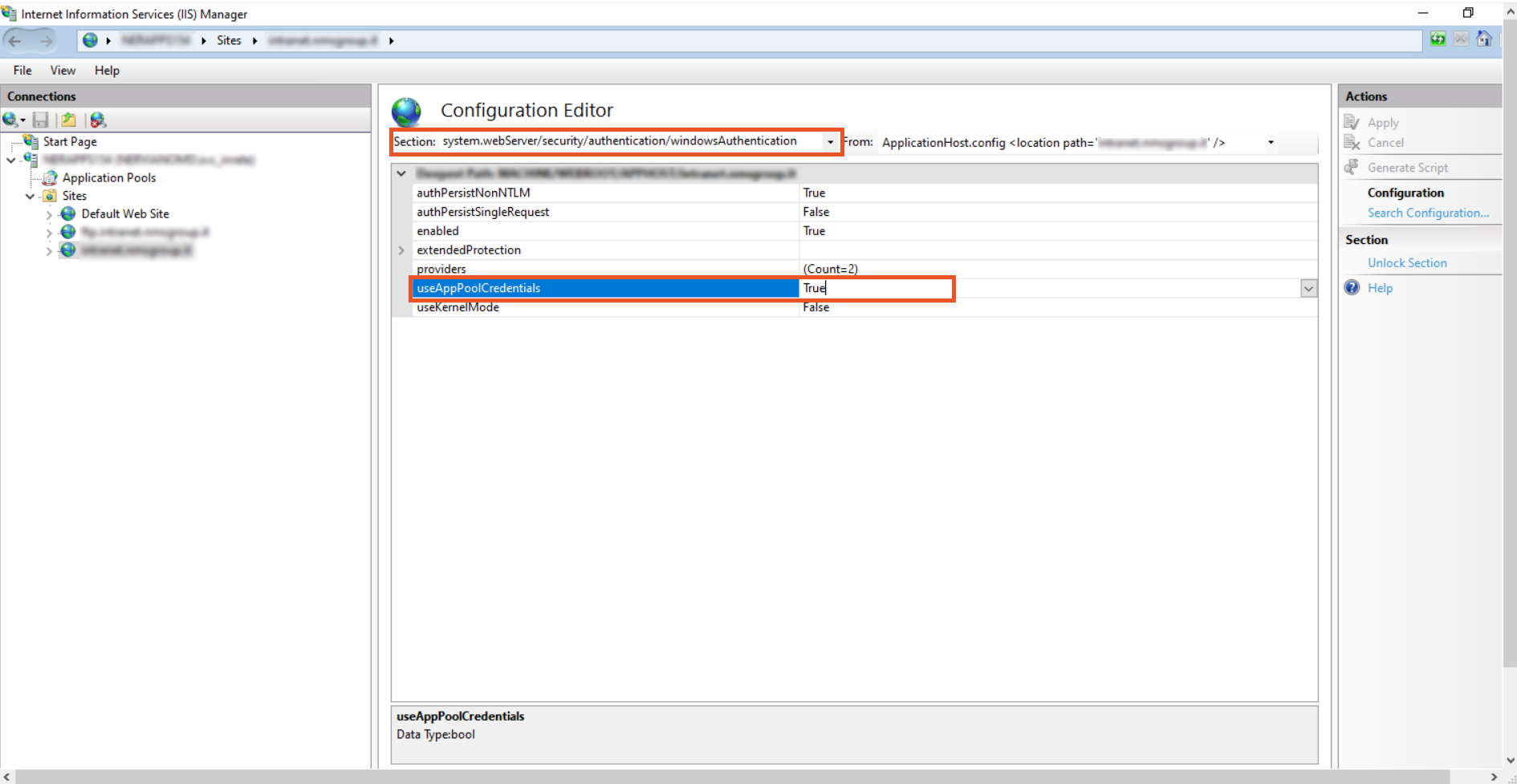 Configure useAppPoolCredentials to configure Kerberos authentication for Windows IIS server